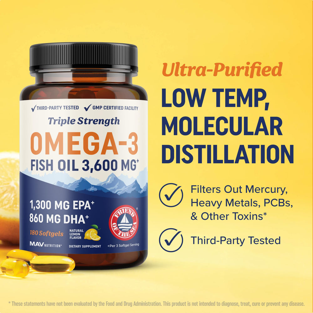 MAV Nutrition Wild-caught Omega-3 bottle with sustainability icon (Friend of the Sea).