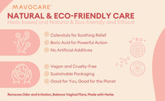 Ingredients panel of MavoCare boric acid suppositories emphasizing vegan formula.