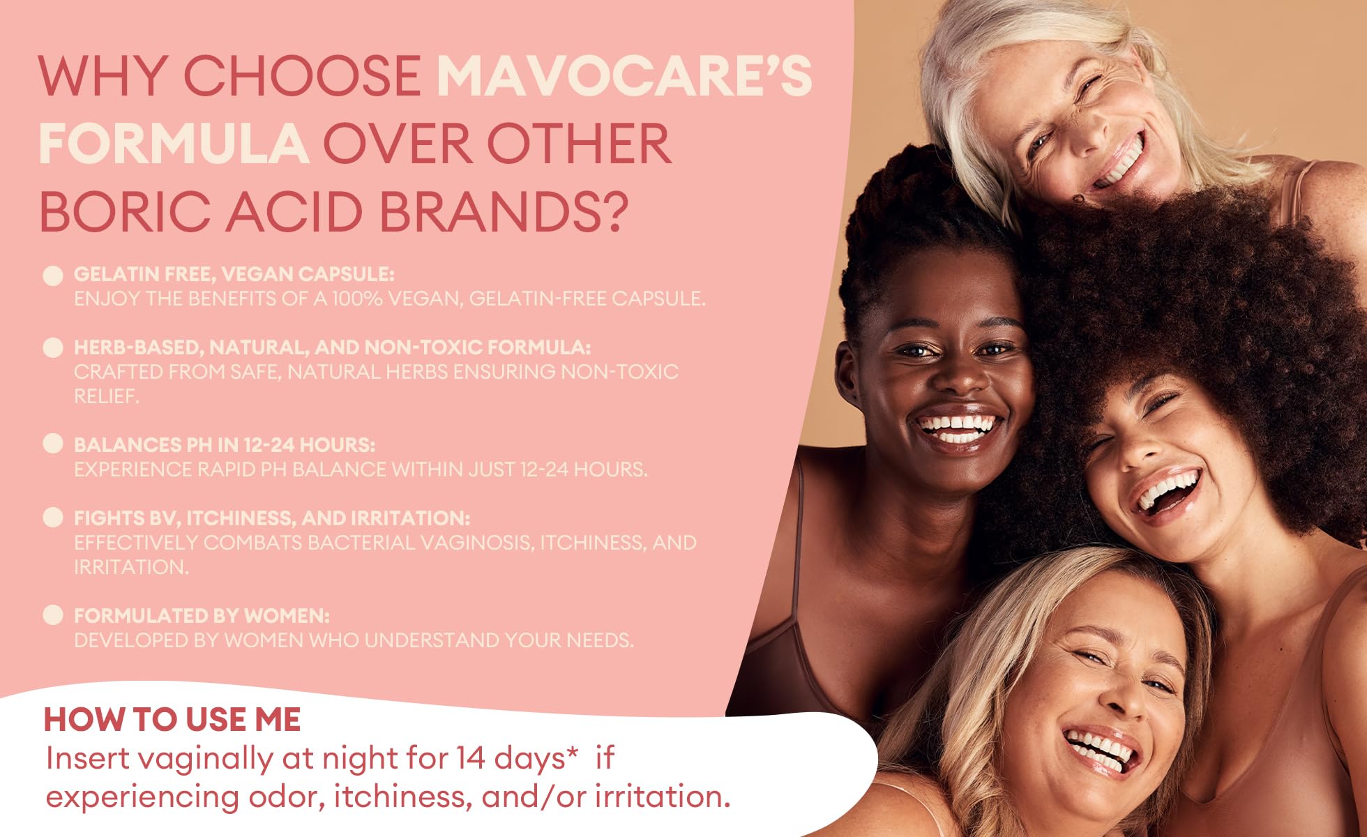 MavoCare 600mg single-dose boric acid suppository ready for fast-dissolving use.