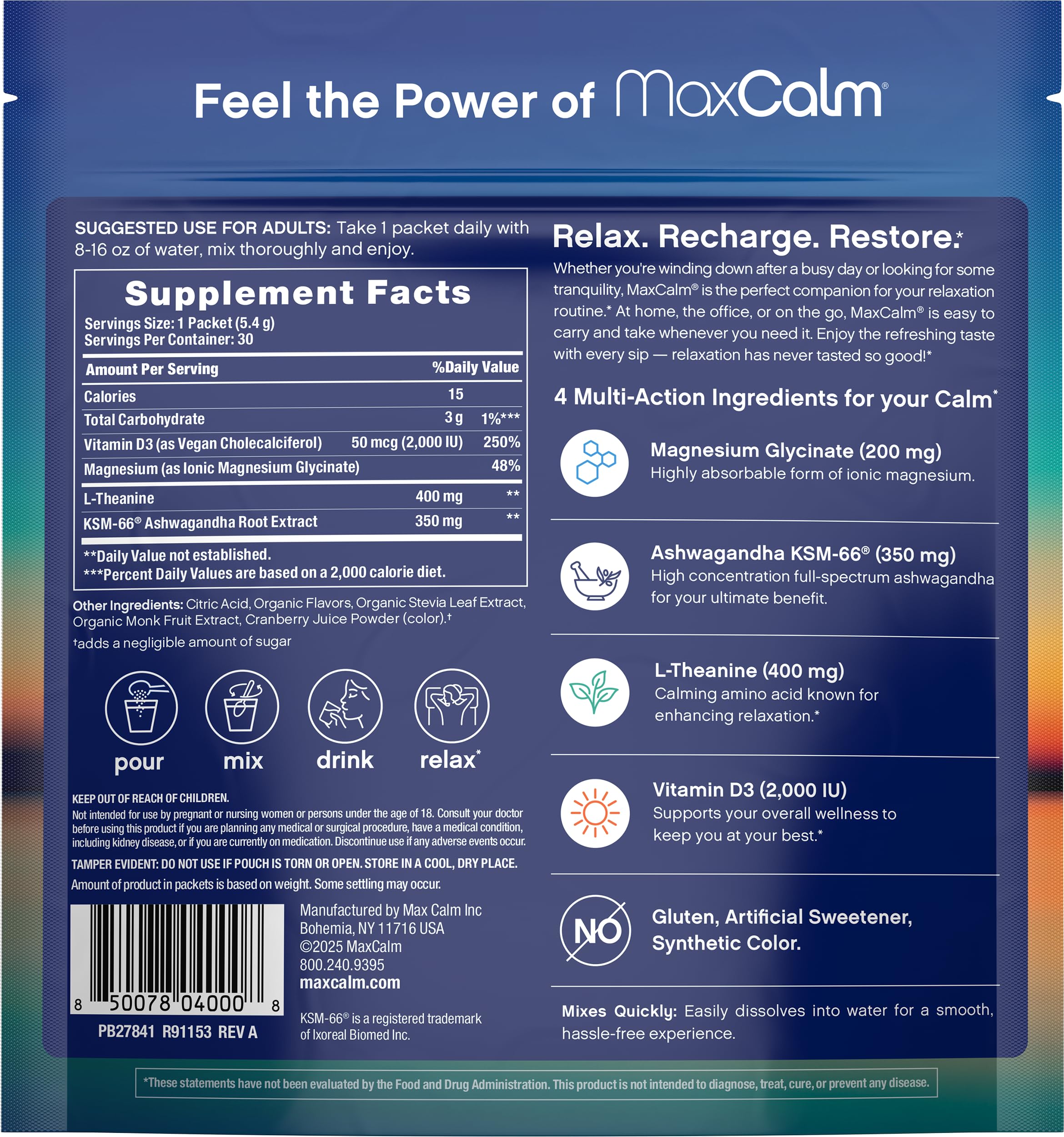 Max Calm dissolving in water shows a smooth, grit-free raspberry-lemonade blend.