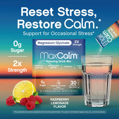 Max Calm illustration highlights two-times magnesium glycinate for added relaxation support.