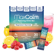 Max Calm raspberry-lemonade powder dissolves quickly for a refreshing, on-the-go calm.