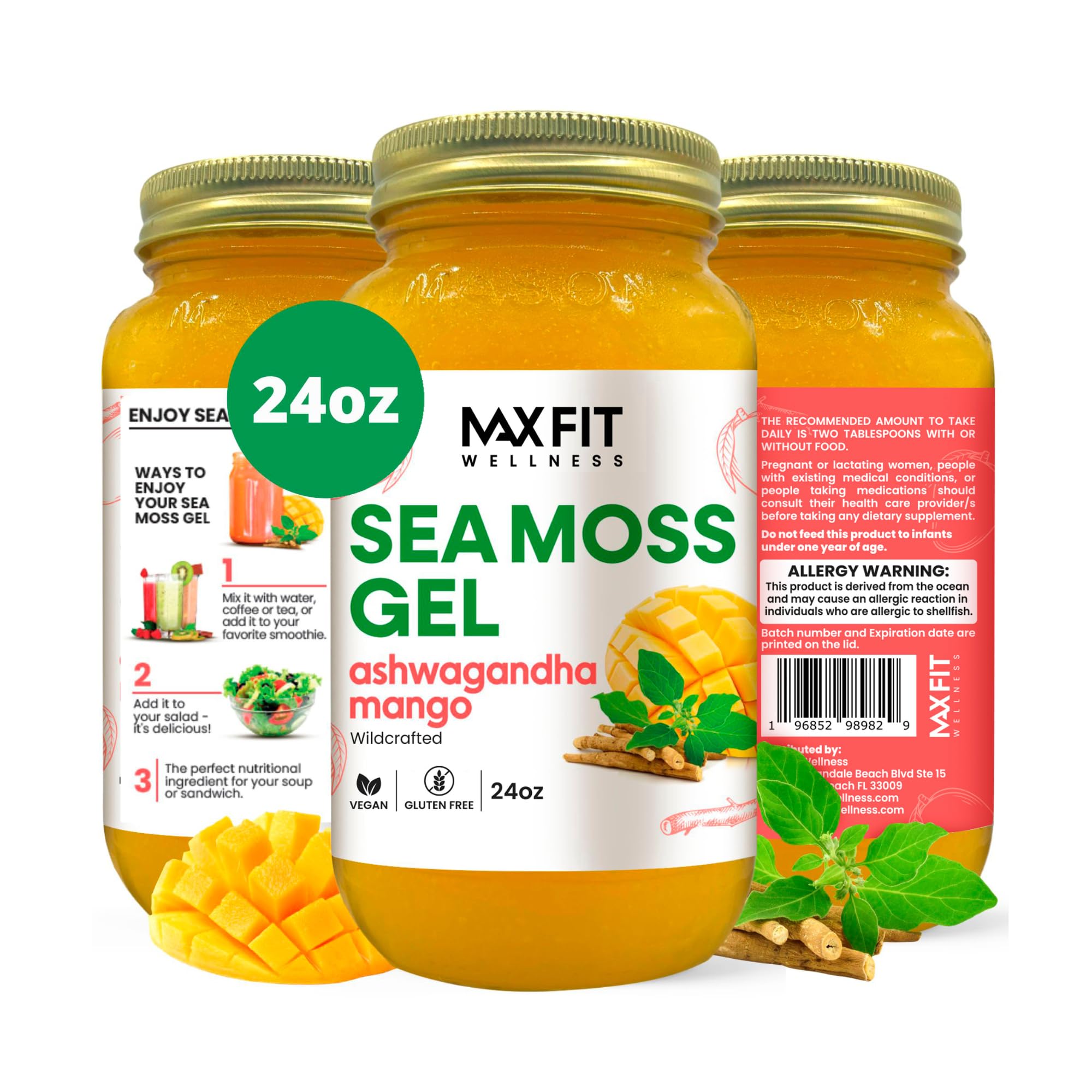 MAX FIT Sea Moss Gel Ashwagandha Mango jar for versatile use and nutrition.