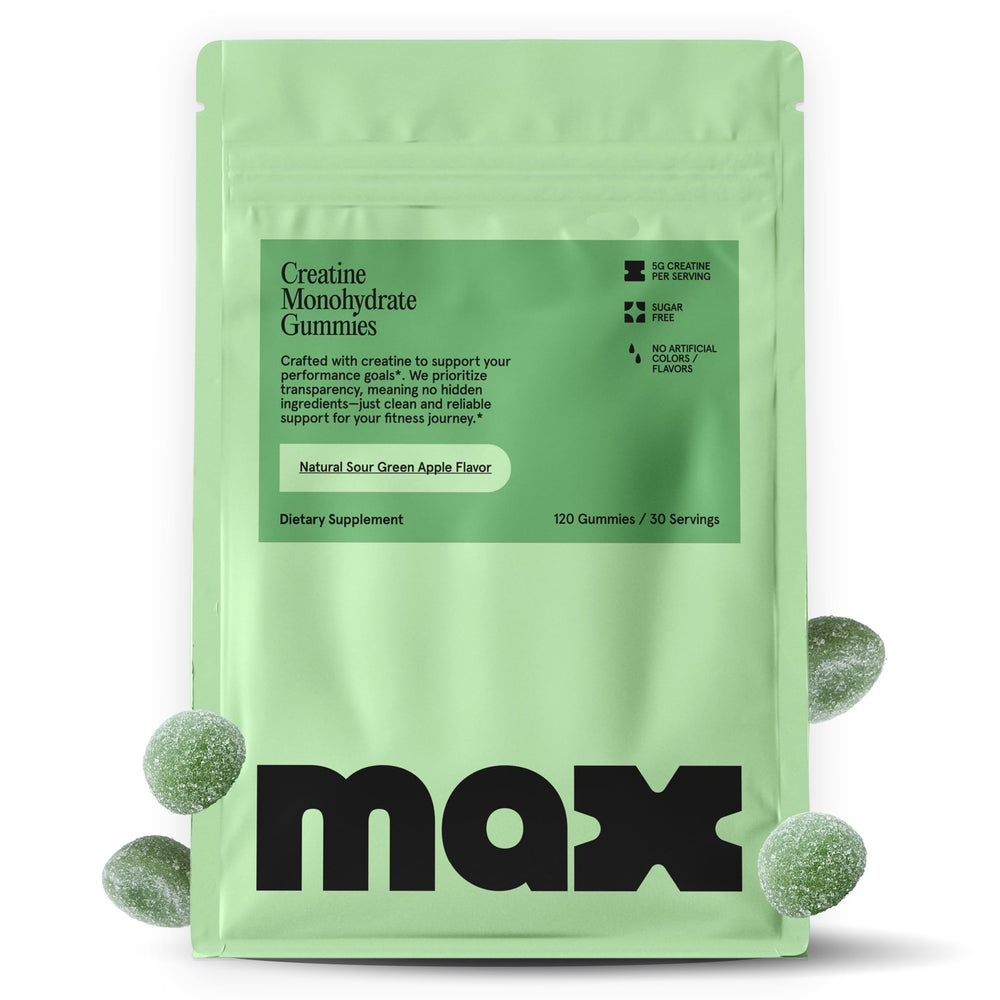 Max Gummies creatine bottle close-up with clear label details for workout support.