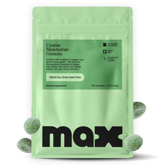 Max Gummies creatine bottle close-up with clear label details for workout support.