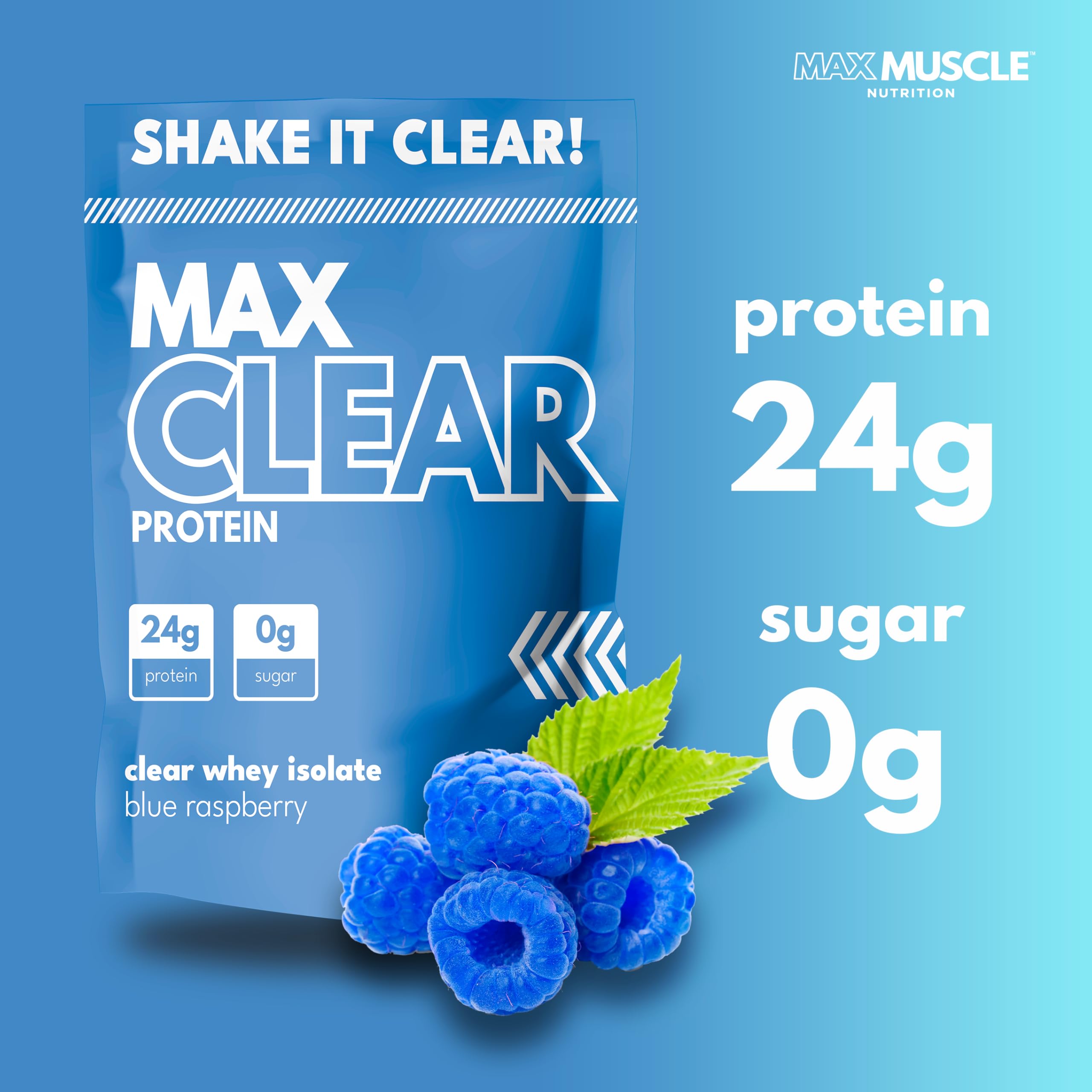 Max Muscle Max Clear Protein blue raspberry shaker demonstrates quick mixing and hydration.