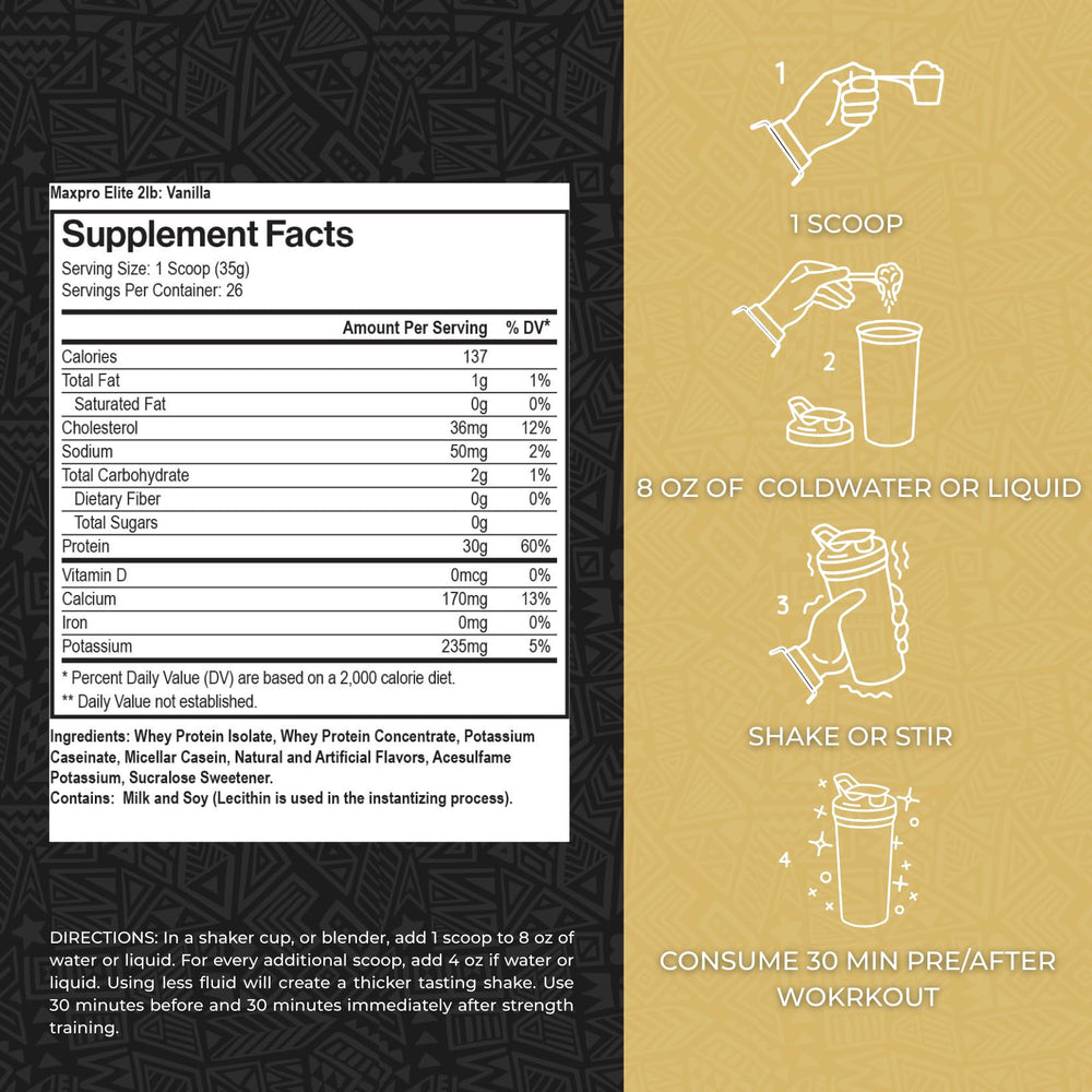 Max Muscle Maxpro Elite scoop and bottle for precise protein portions.