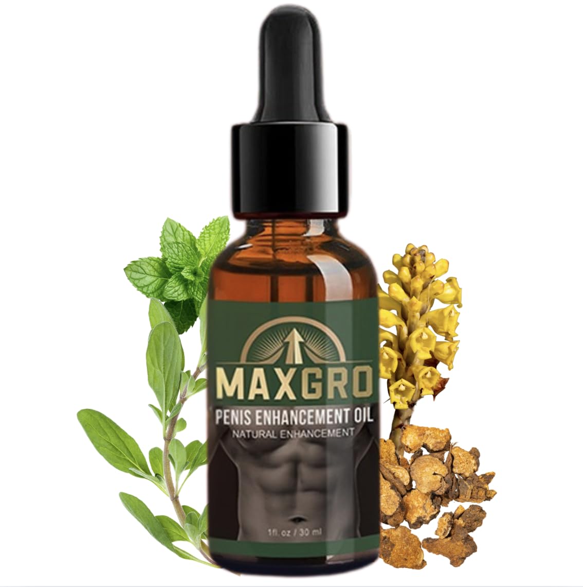 MaxGro Enhancement Oil bottle with dropper for easy, mess-free application.