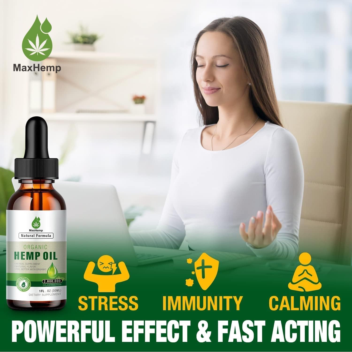 MaxHemp organic hemp oil label showing ingredients and non-GMO certification.