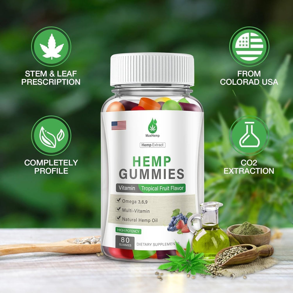 MaxHemp hemp gummies bottle highlighting sleep support with natural ingredients