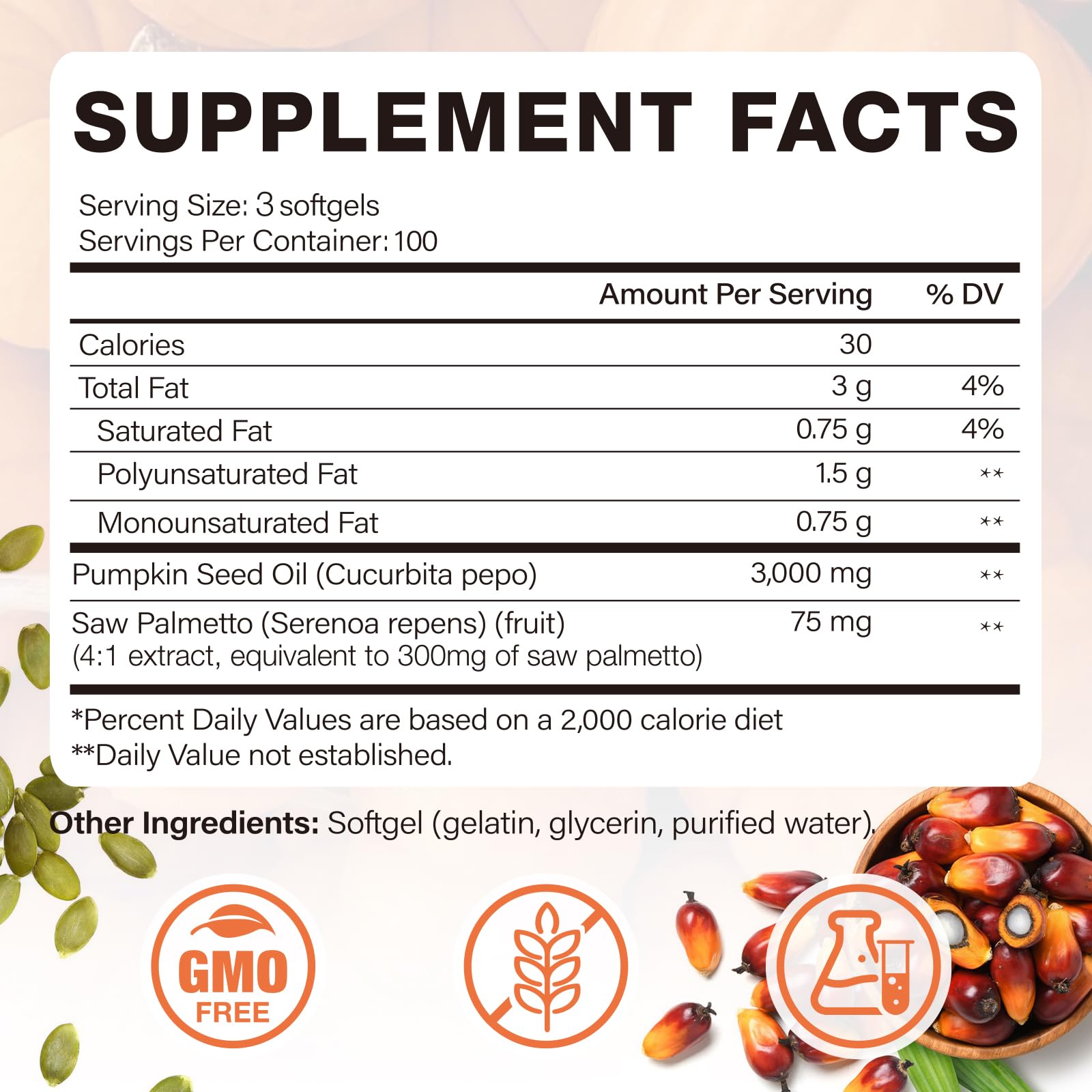 MaxHemp ingredients label features organic pumpkin seed oil and saw palmetto.