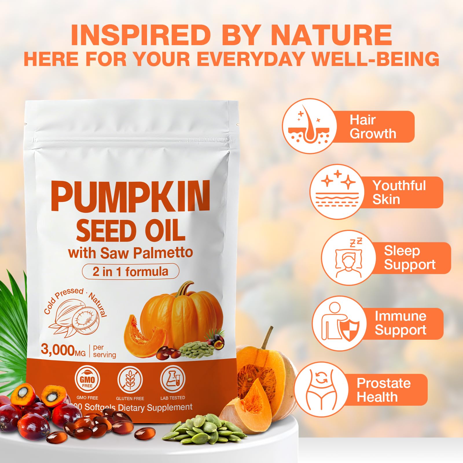 MaxHemp pumpkin seed oil capsules close-up for hair and urinary support.