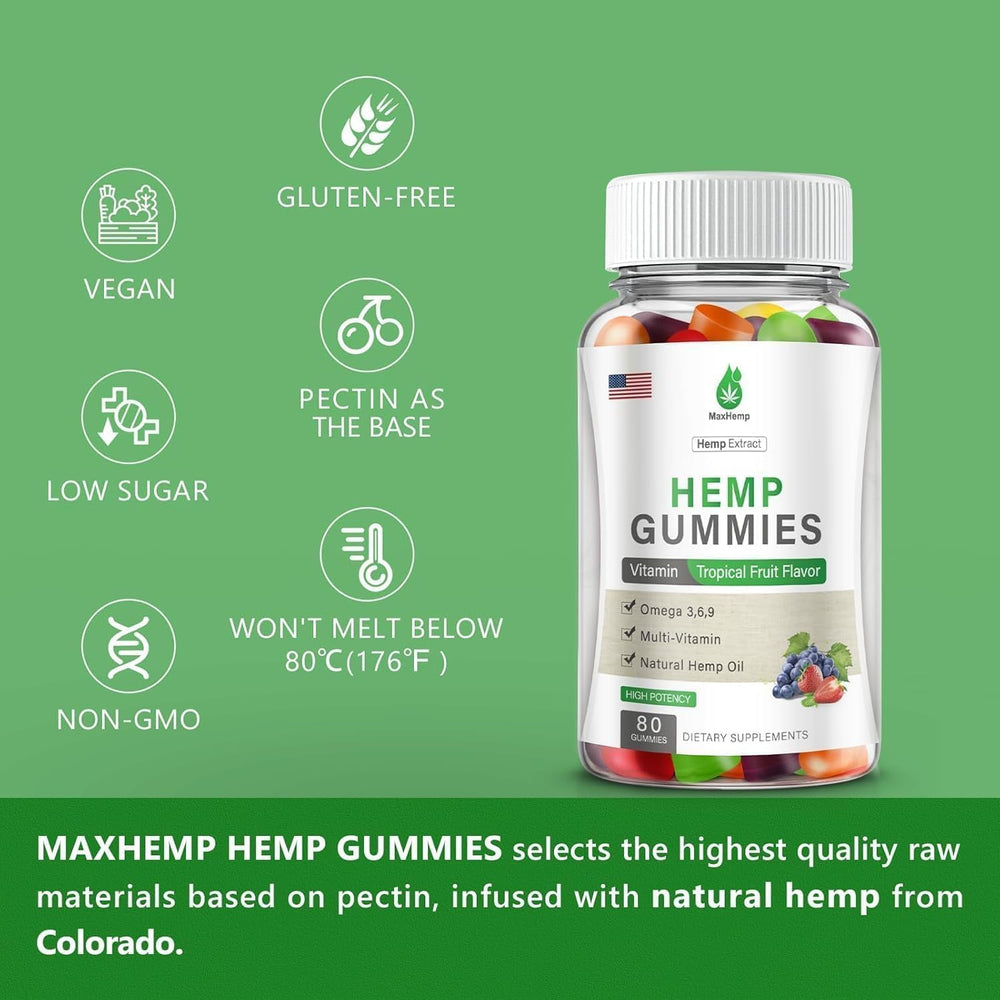 MaxHemp tropical fruit flavor gummies with serving suggestions for daily use