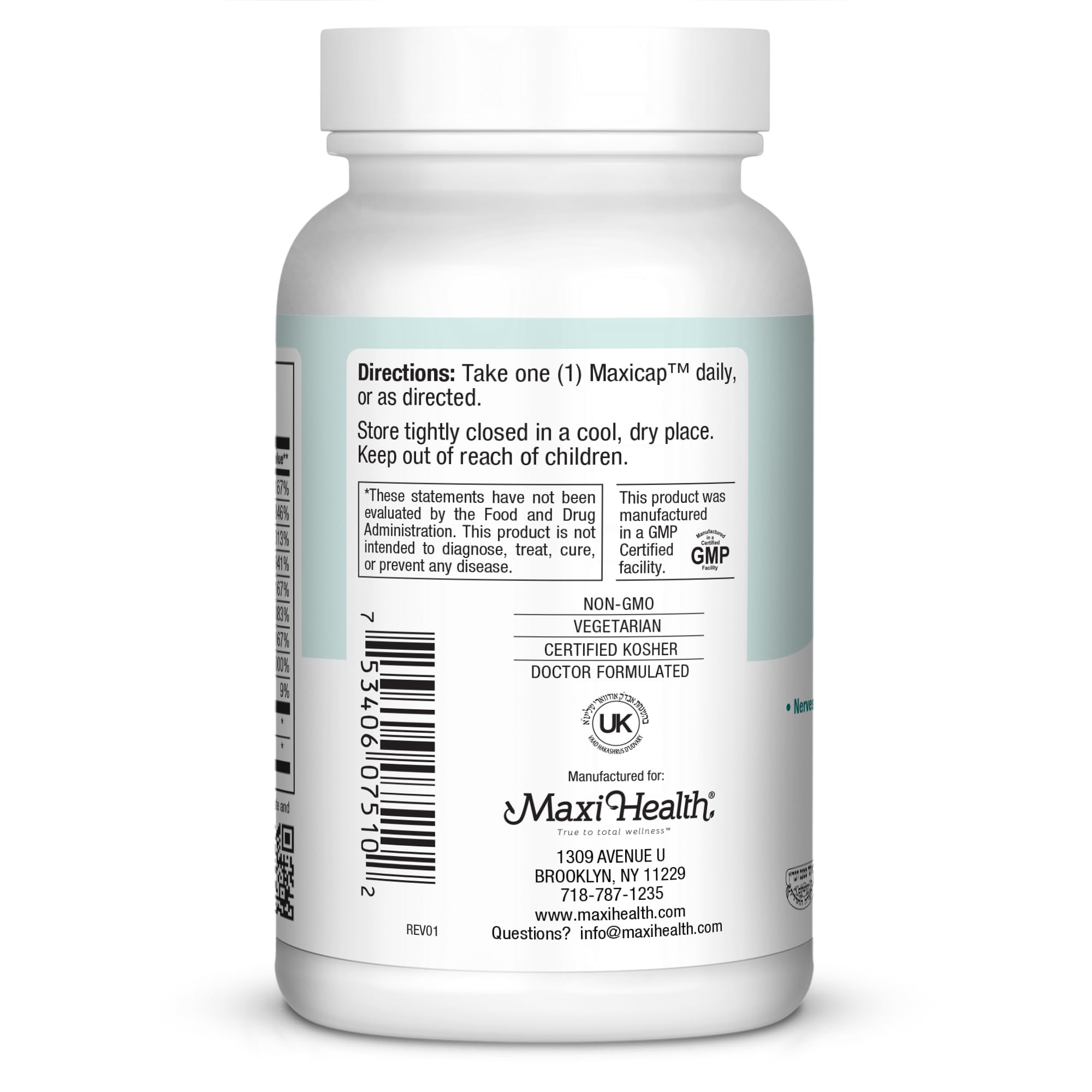Maxi Health B-50 ingredients label, featuring B1–B12 and co-factors for wellness.