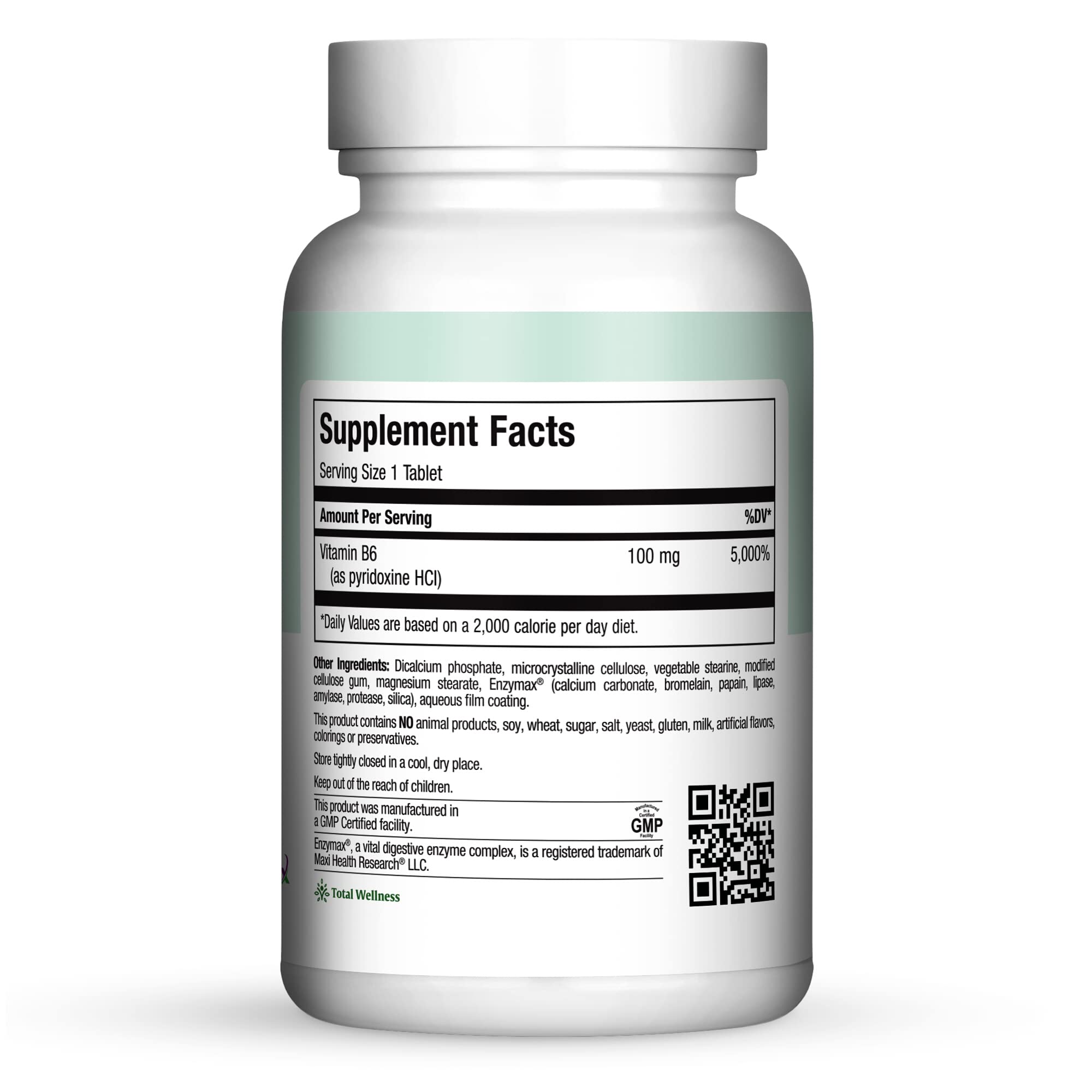 Maxi Health B-6 tablets label highlights kosher, vegetarian, and preservative-free features.