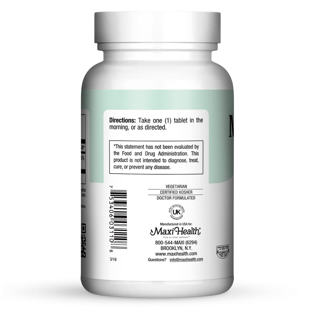 Maxi Health B-6 tablets pack displays dosage information and usage benefits.