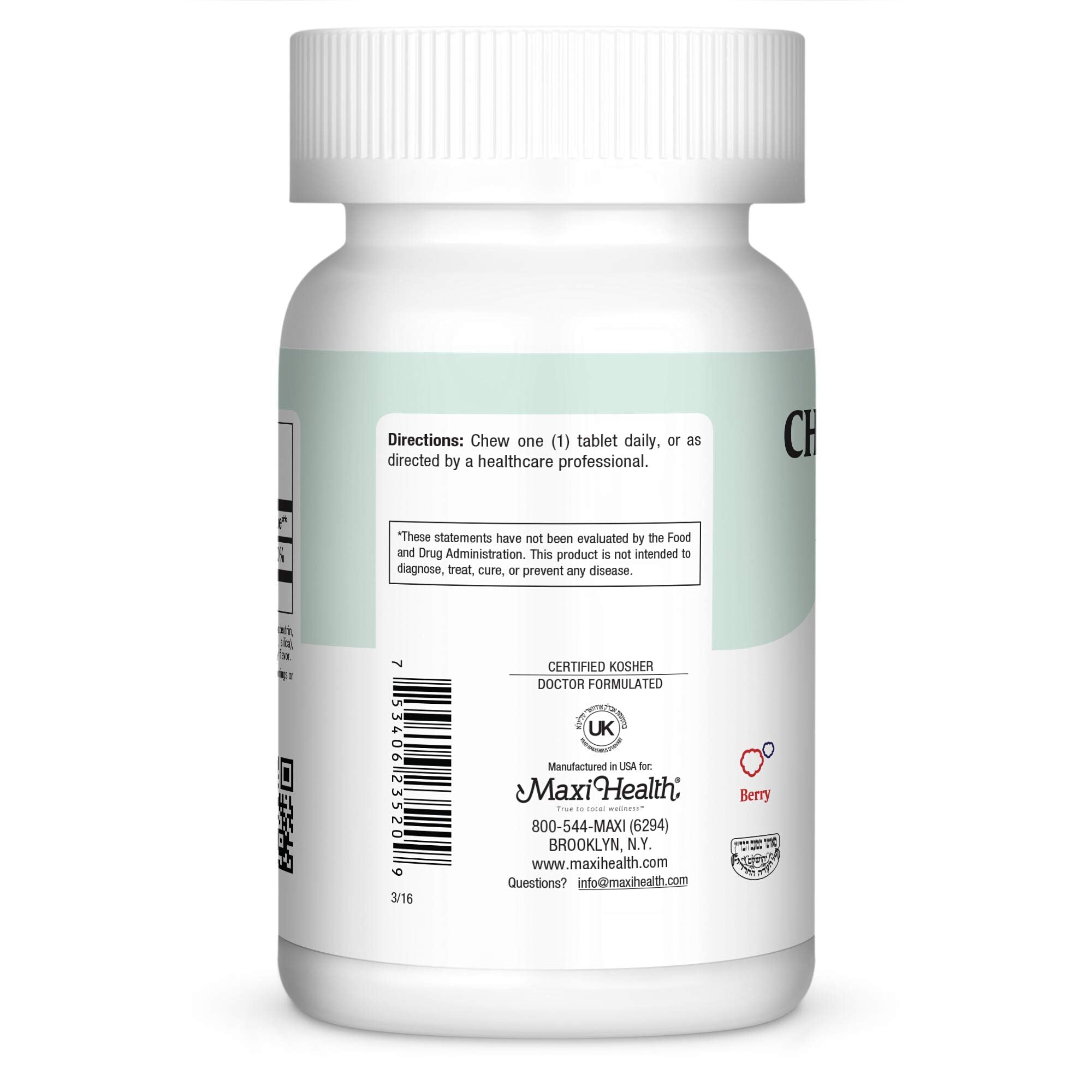 Closeup of Maxi Health Chew D Max berry flavor chewables for easy daily use.