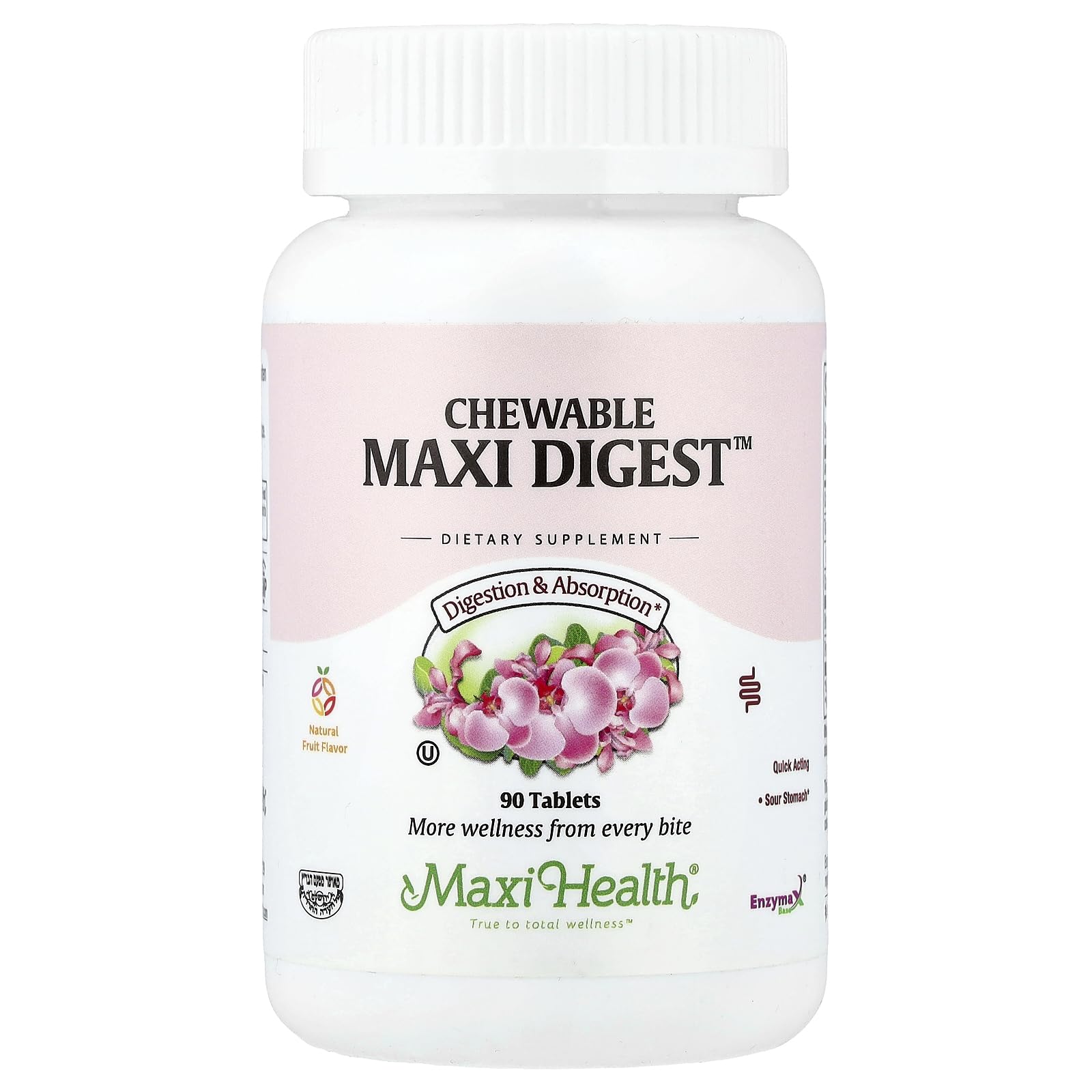 Maxi Health Chewable Digest bottle showing 90-count for convenient digestion support.