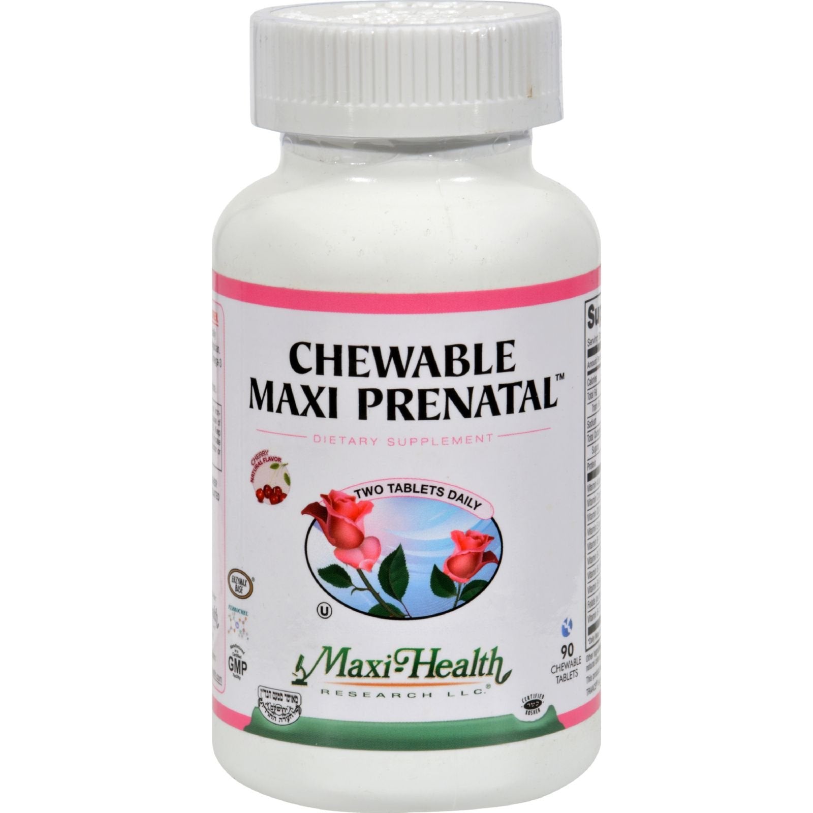 Maxi Health chewable prenatal multivitamins bottle supports mom's energy and baby's development.