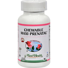 Maxi Health chewable prenatal multivitamins bottle supports mom's energy and baby's development.