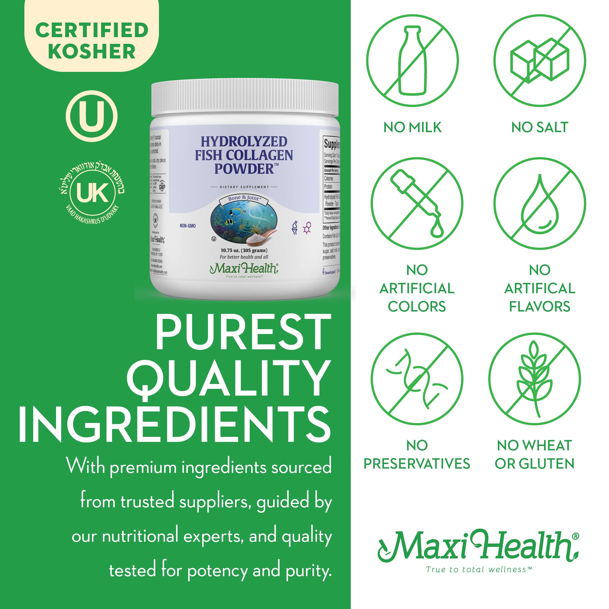 Maxi Health collagen bottle with allergen-free icons indicating kosher and allergen-free formula