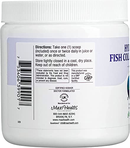 Close-up of Maxi Health collagen powder label highlighting marine origin and purity for skin hydration