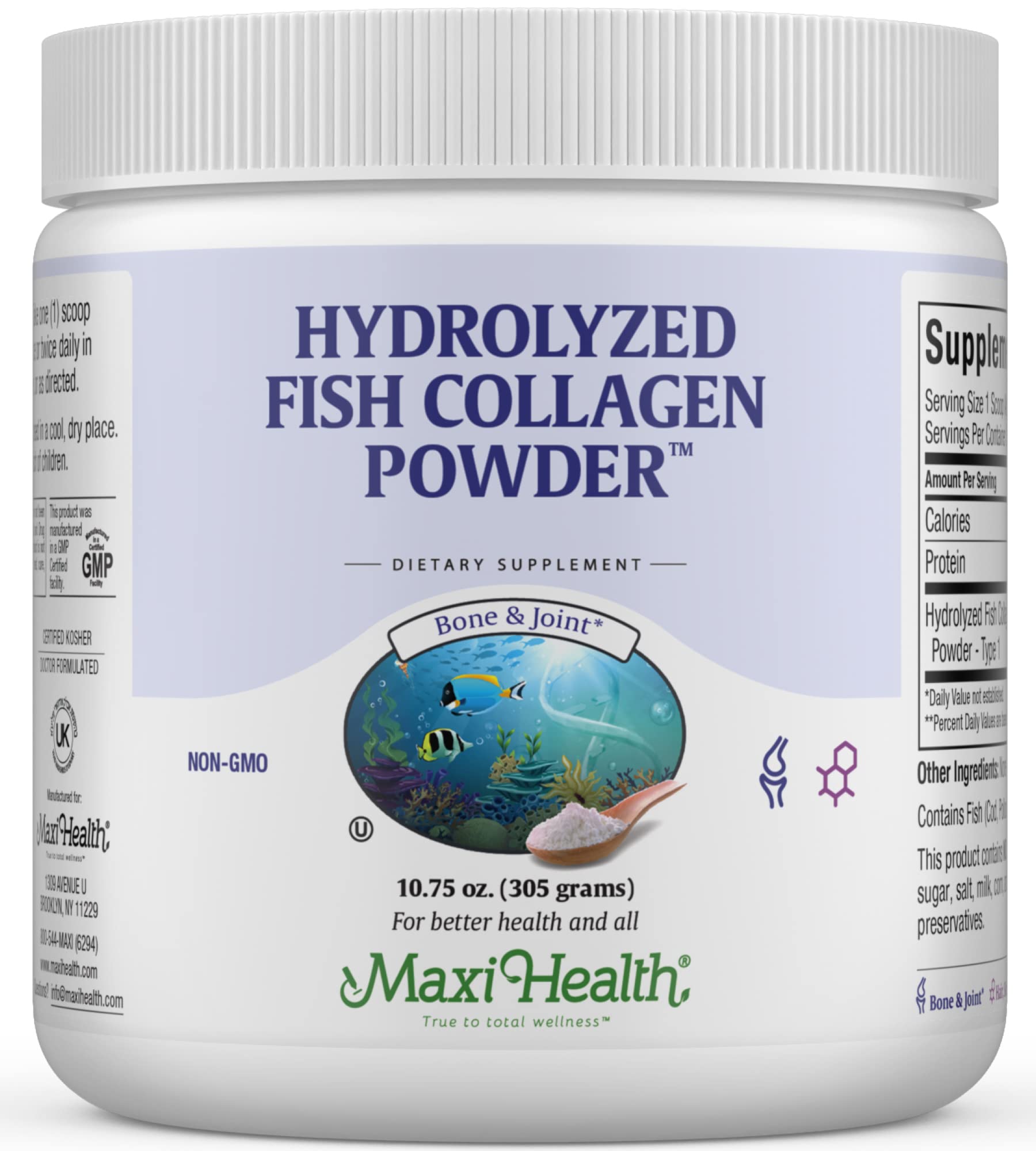 Maxi Health collagen powder tub front view with notes on skin and joints support