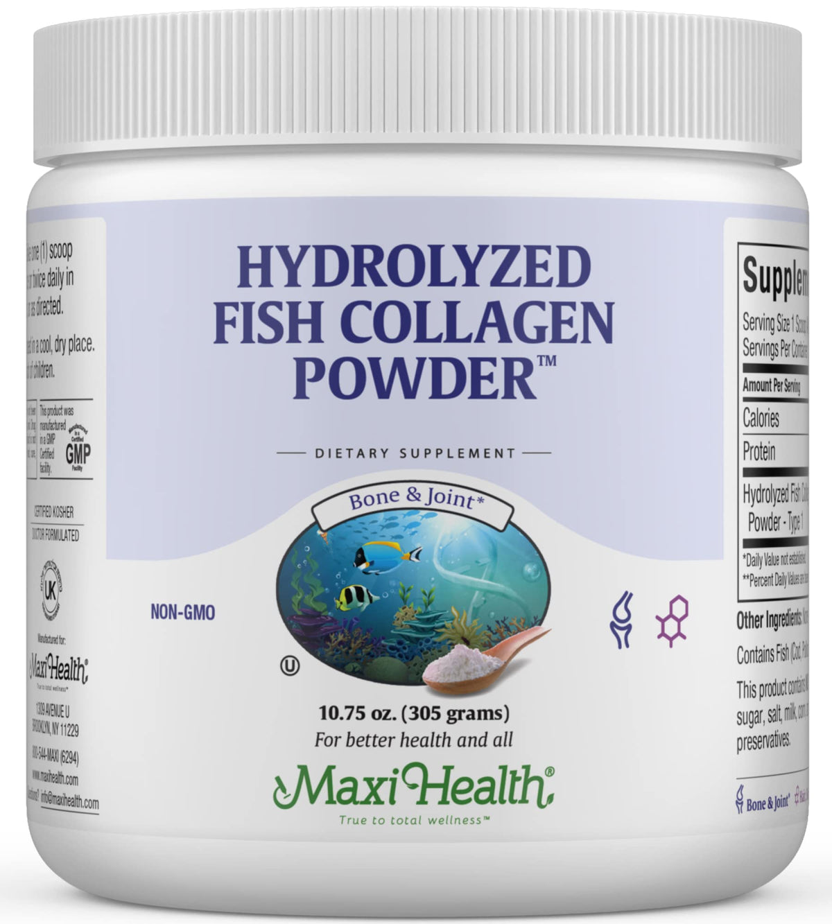 Maxi Health collagen powder tub front view with notes on skin and joints support