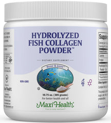 Maxi Health collagen powder tub front view with notes on skin and joints support