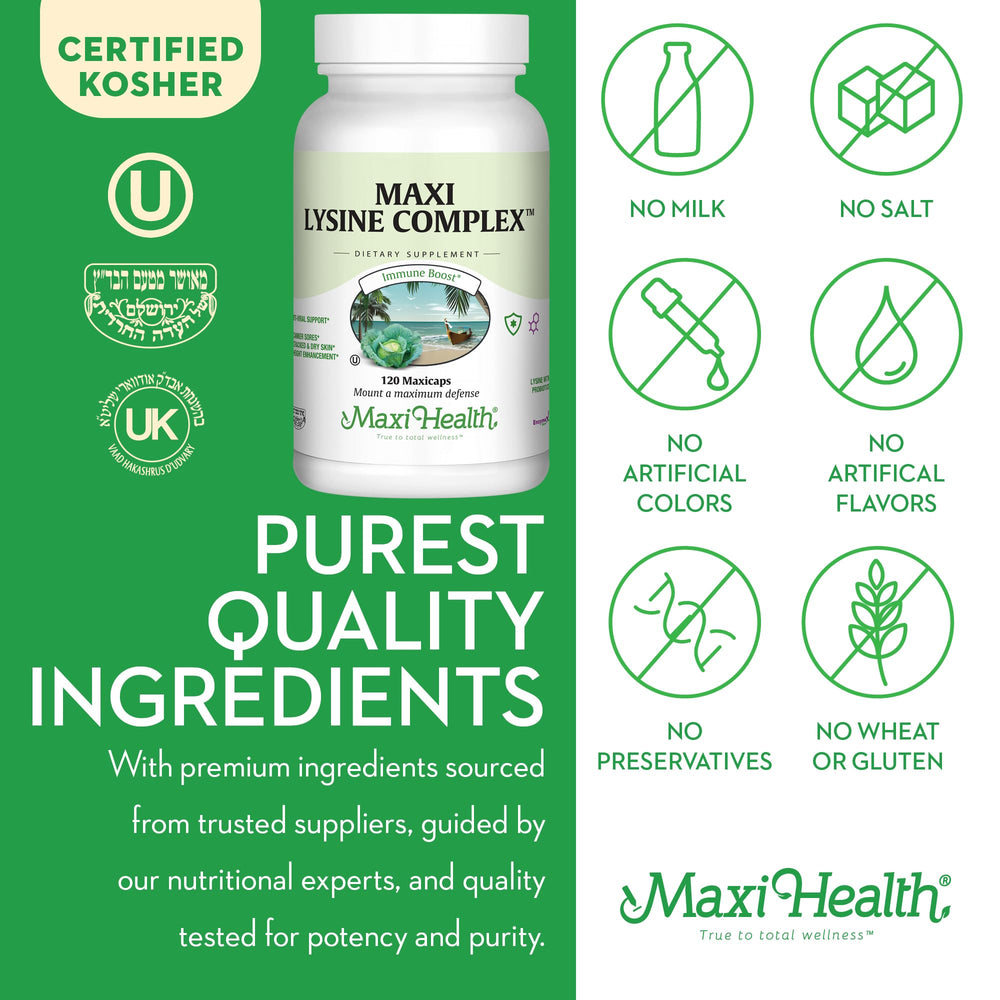Daily routine illustration featuring Maxi Health Lysine Complex as part of a wellness regimen.