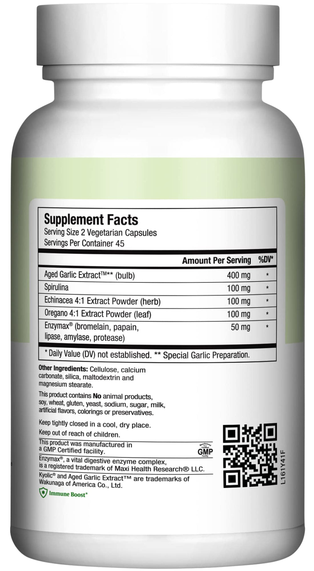 Maxi Health Kyolic aged garlic extract capsules showing odorless formula