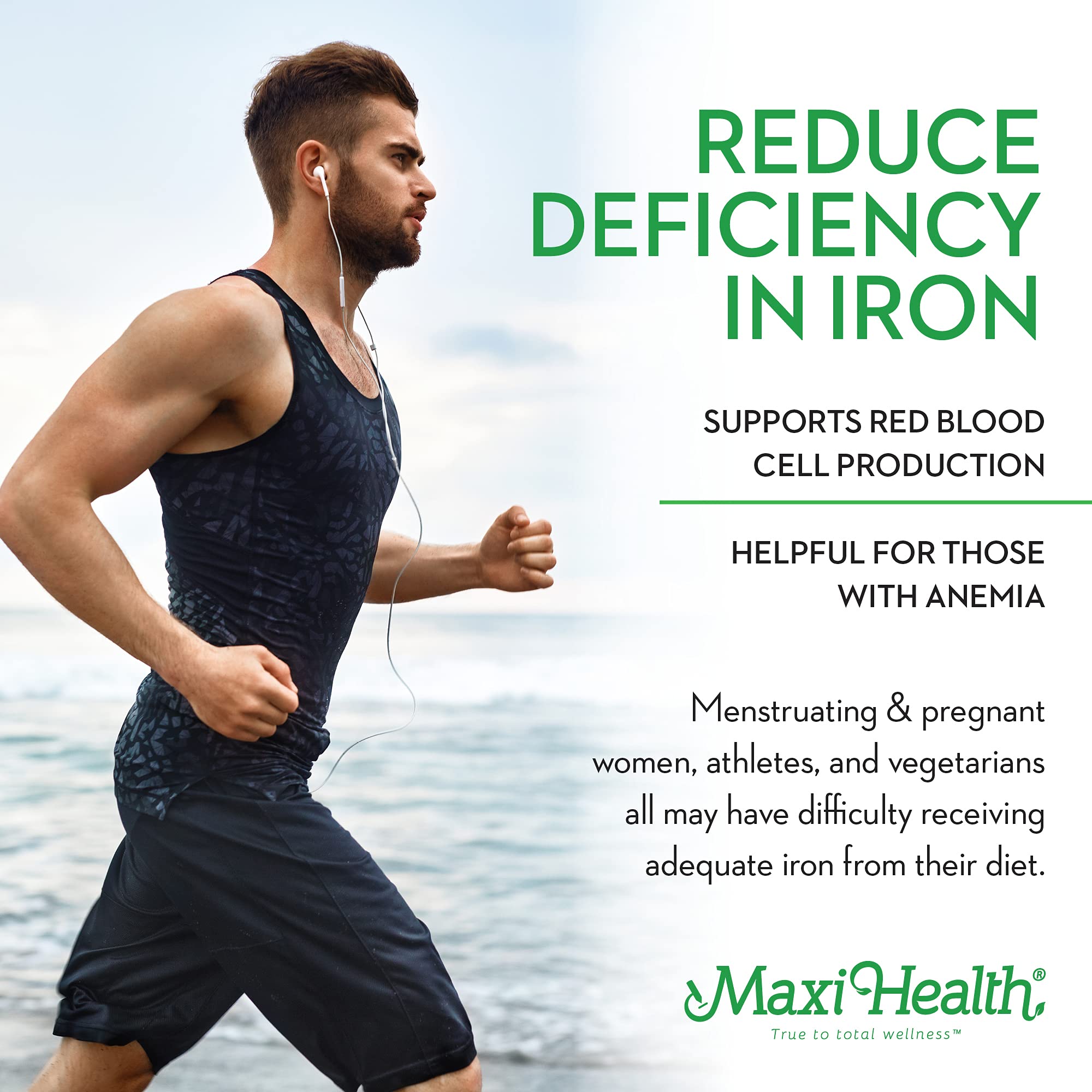 Maxi Health Liquid Iron Berry glass emphasizes pleasant flavor for daily use