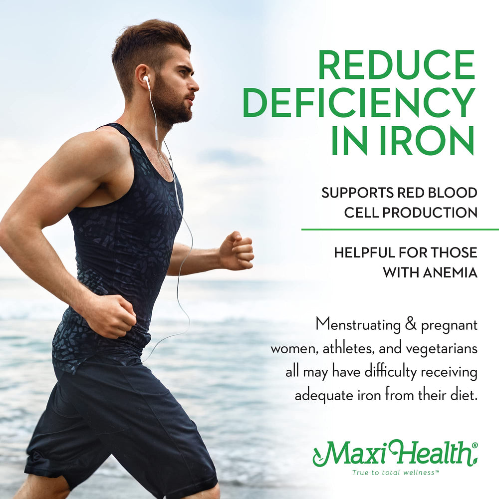 Maxi Health Liquid Iron Berry glass emphasizes pleasant flavor for daily use