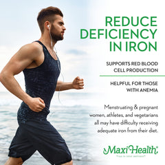 Maxi Health Liquid Iron Berry glass emphasizes pleasant flavor for daily use