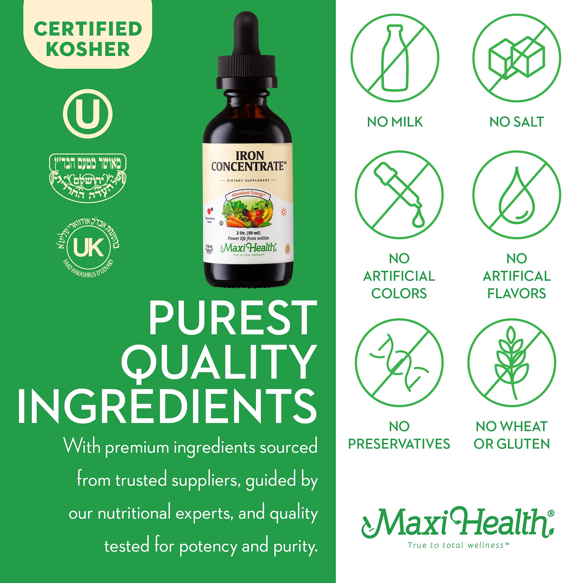Maxi Health Liquid Iron Non-GMO Gluten-Free label signals vegetarian-friendly option