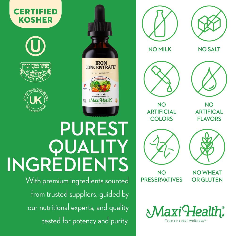 Maxi Health Liquid Iron Non-GMO Gluten-Free label signals vegetarian-friendly option