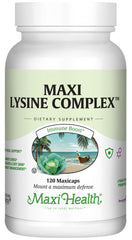 Maxi Health Lysine Complex bottle with capsules ready for daily use, highlighting convenience.
