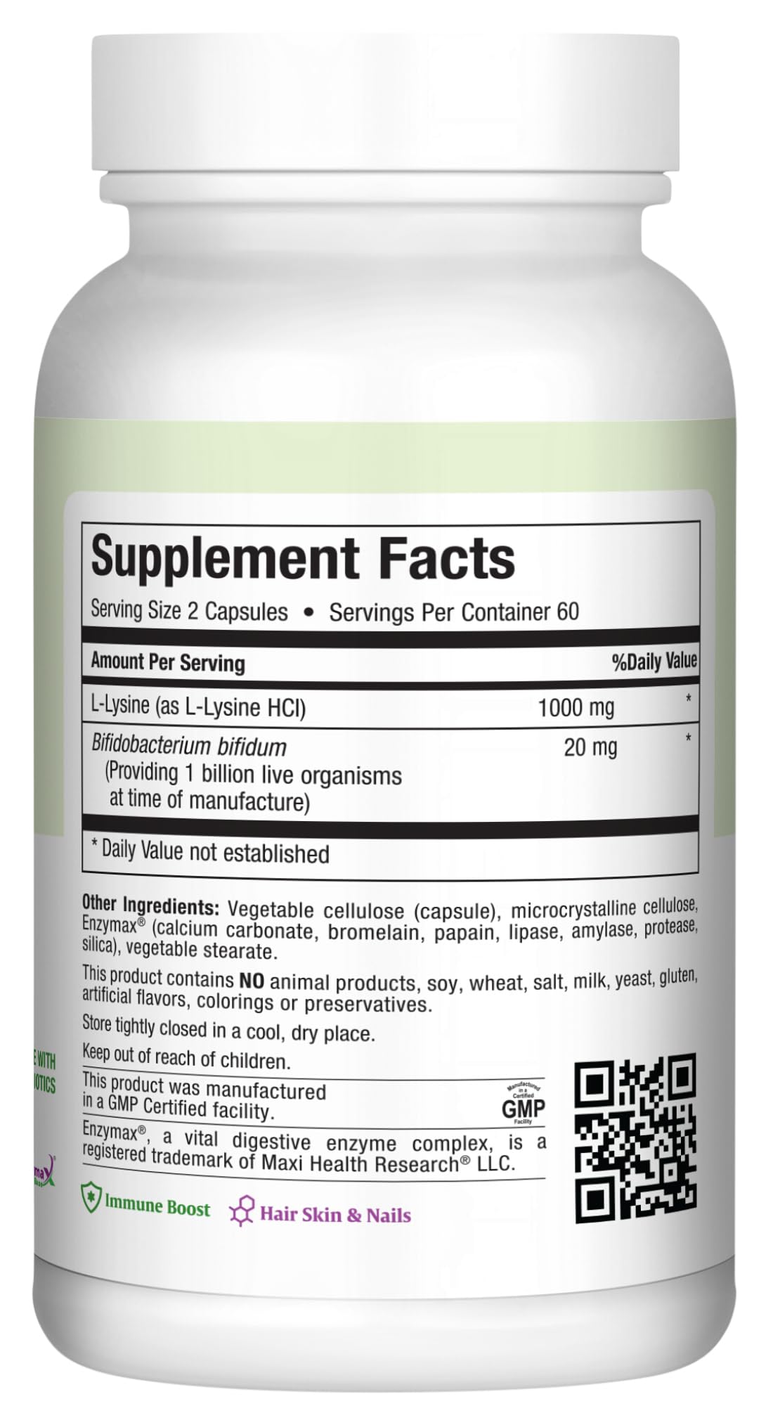 Close-up of Maxi Health Lysine Complex capsules showing texture and size for easy swallowing.