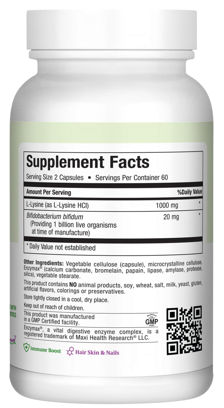 Close-up of Maxi Health Lysine Complex capsules showing texture and size for easy swallowing.