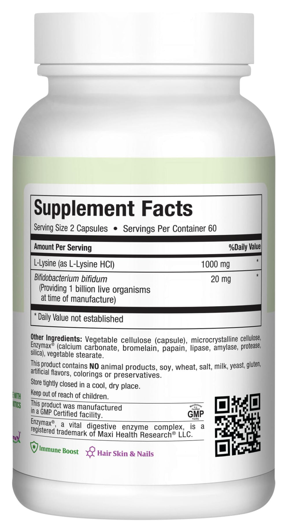 Close-up of Maxi Health Lysine Complex capsules showing texture and size for easy swallowing.