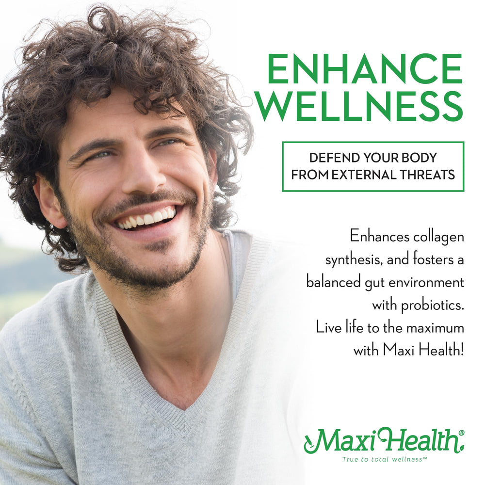 Boxed Maxi Health Lysine Complex packaging with 60 capsules and product details visible.