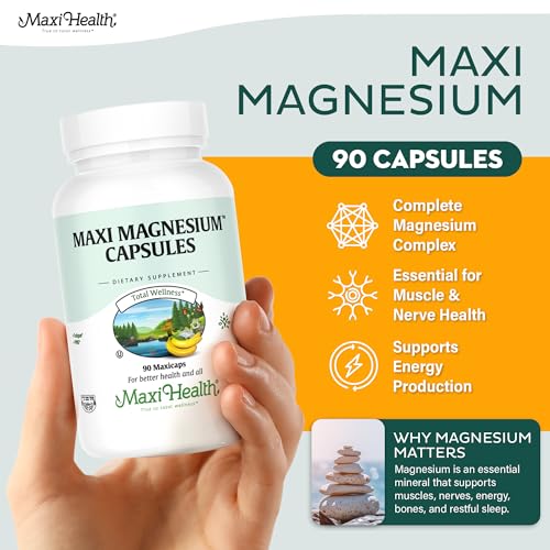 Close-up of Maxi Health Magnesium Complex capsules highlighting easy daily intake.