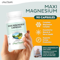 Close-up of Maxi Health Magnesium Complex capsules highlighting easy daily intake.