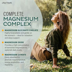 Label close-up of Maxi Health Magnesium Complex detailing oxide, glycinate, and citrate.