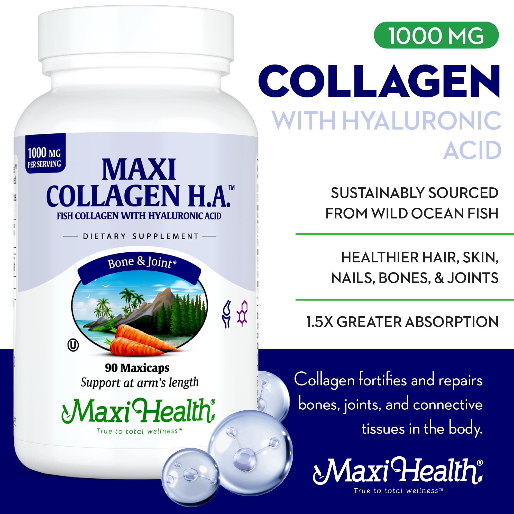 Maxi Health capsules inside bottle showing easy-to-swallow design