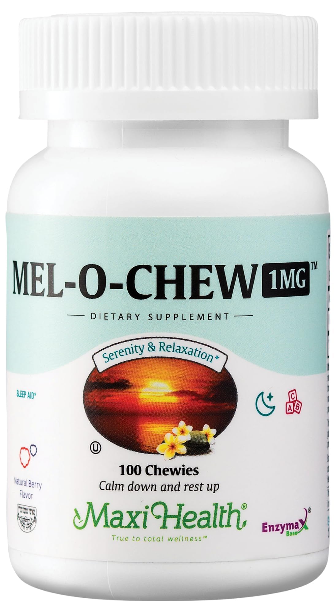 Maxi Health Mel-O-Chew bottle label shows a convenient nightly sleep aid for natural routines.