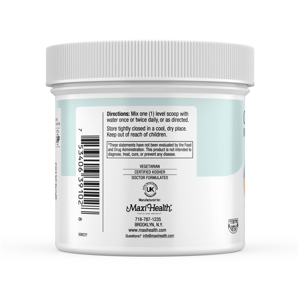 Maxi Health Monohydrate Creatine bottle label detail emphasizes clean ingredient promises.