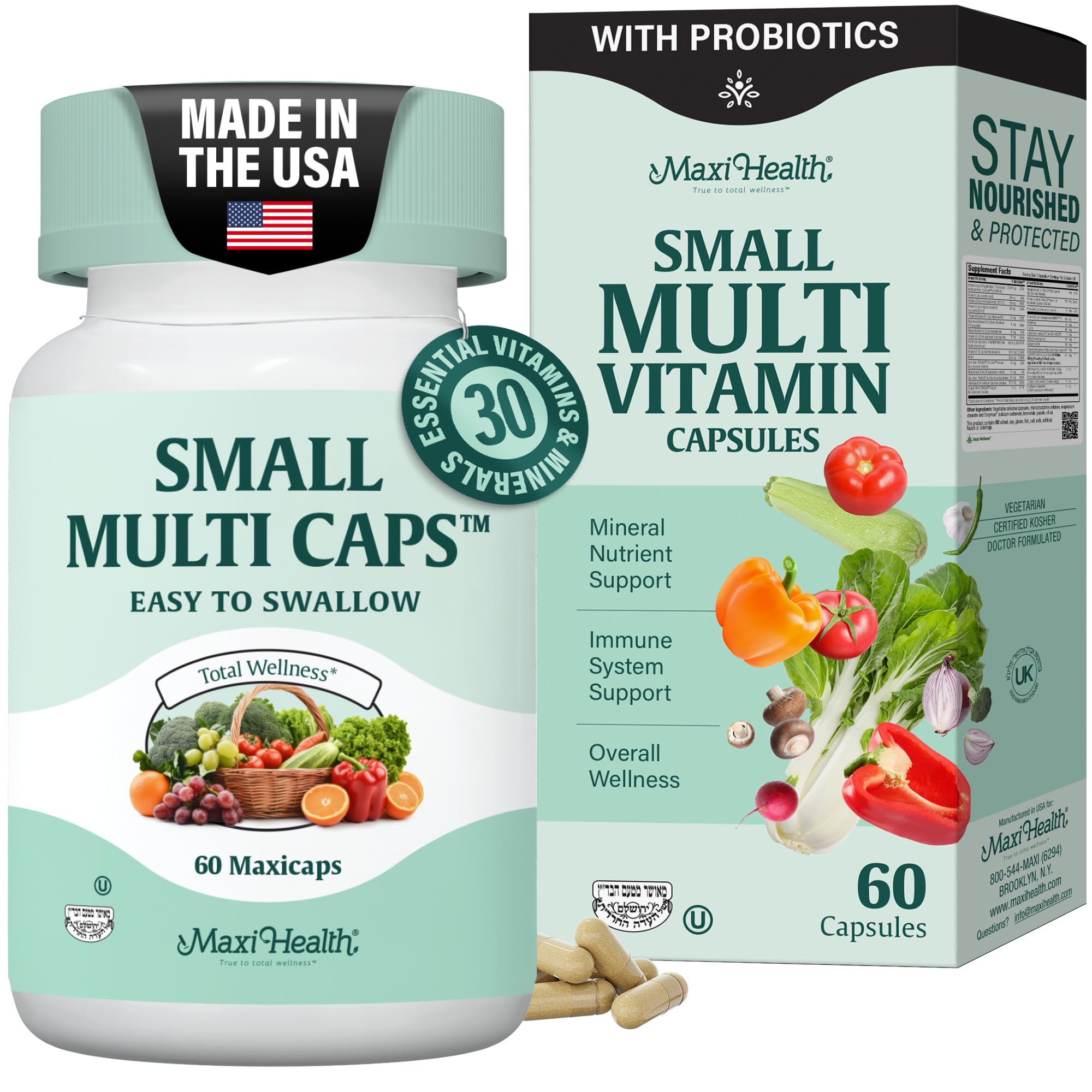 Maxi Health Multivitamin bottle front view with compact daily capsules for wellness.