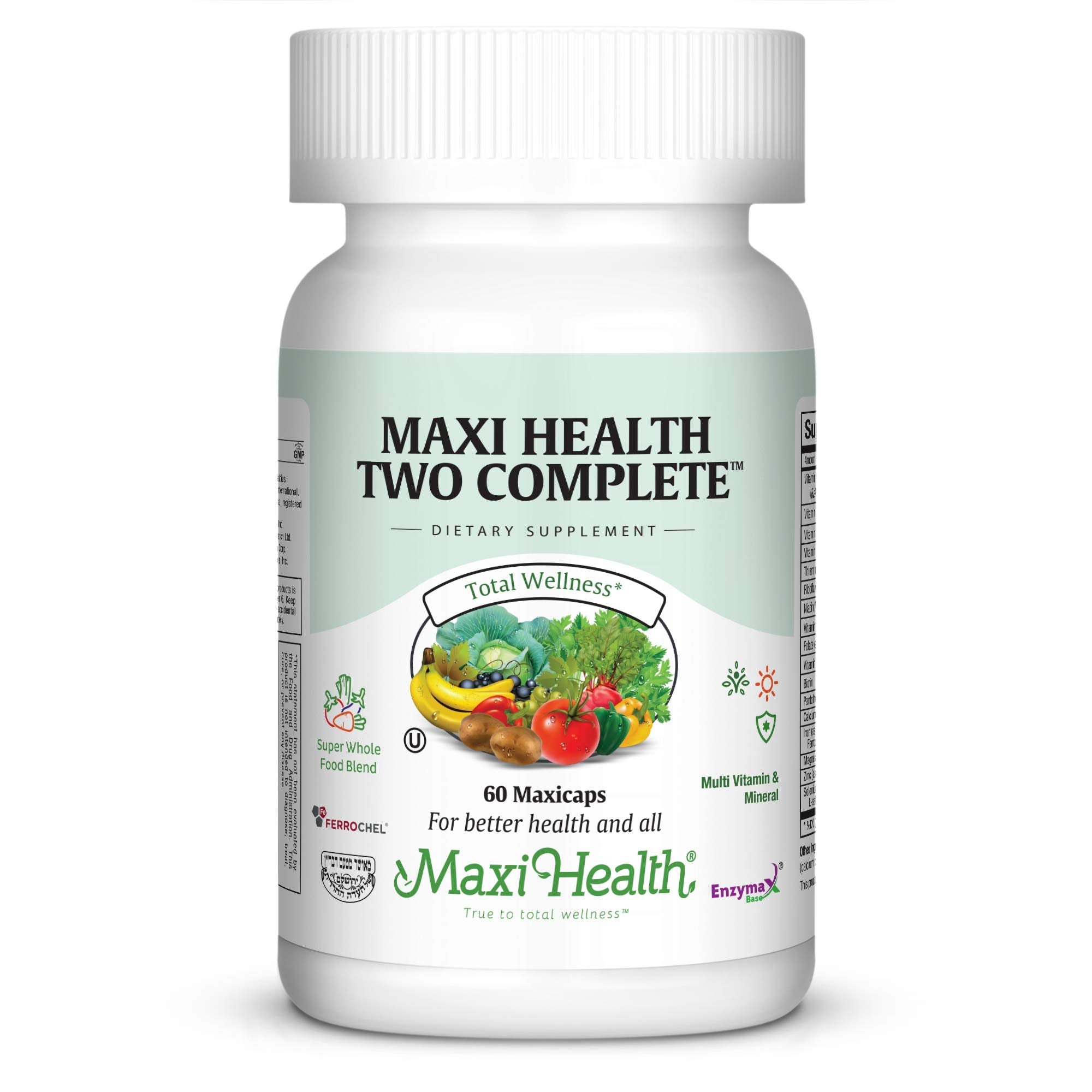 Maxi Health multivitamin bottle front for daily wellness support.