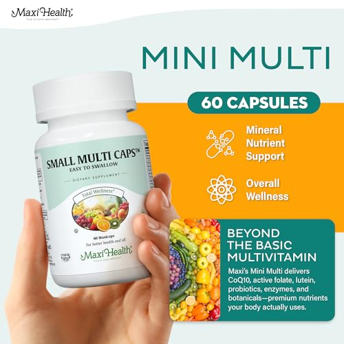 Maxi Health Multivitamin capsules close-up highlighting easy-to-swallow design.